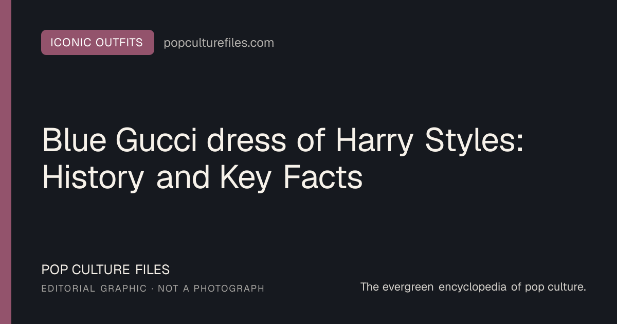 Editorial graphic for: Blue Gucci dress of Harry Styles: History and Key Facts